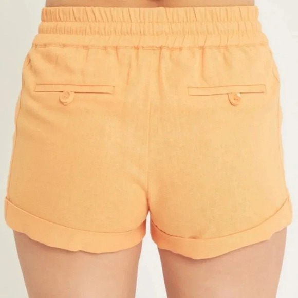 Linen Shorts Drawstring Pull-On Style Side Pockets Smocked Elastic Waist Cuffed - Picture 3 of 4